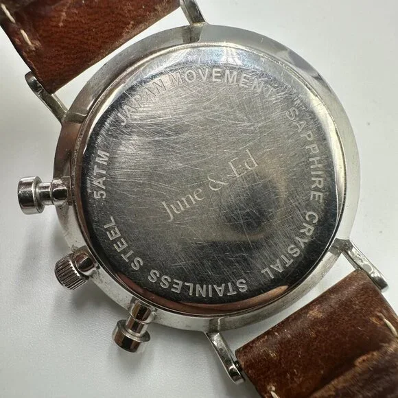 June & Ed Chronograph Watch Men Silver Tone 41MM Dial Date Window New Battery - Picture 3 of 13